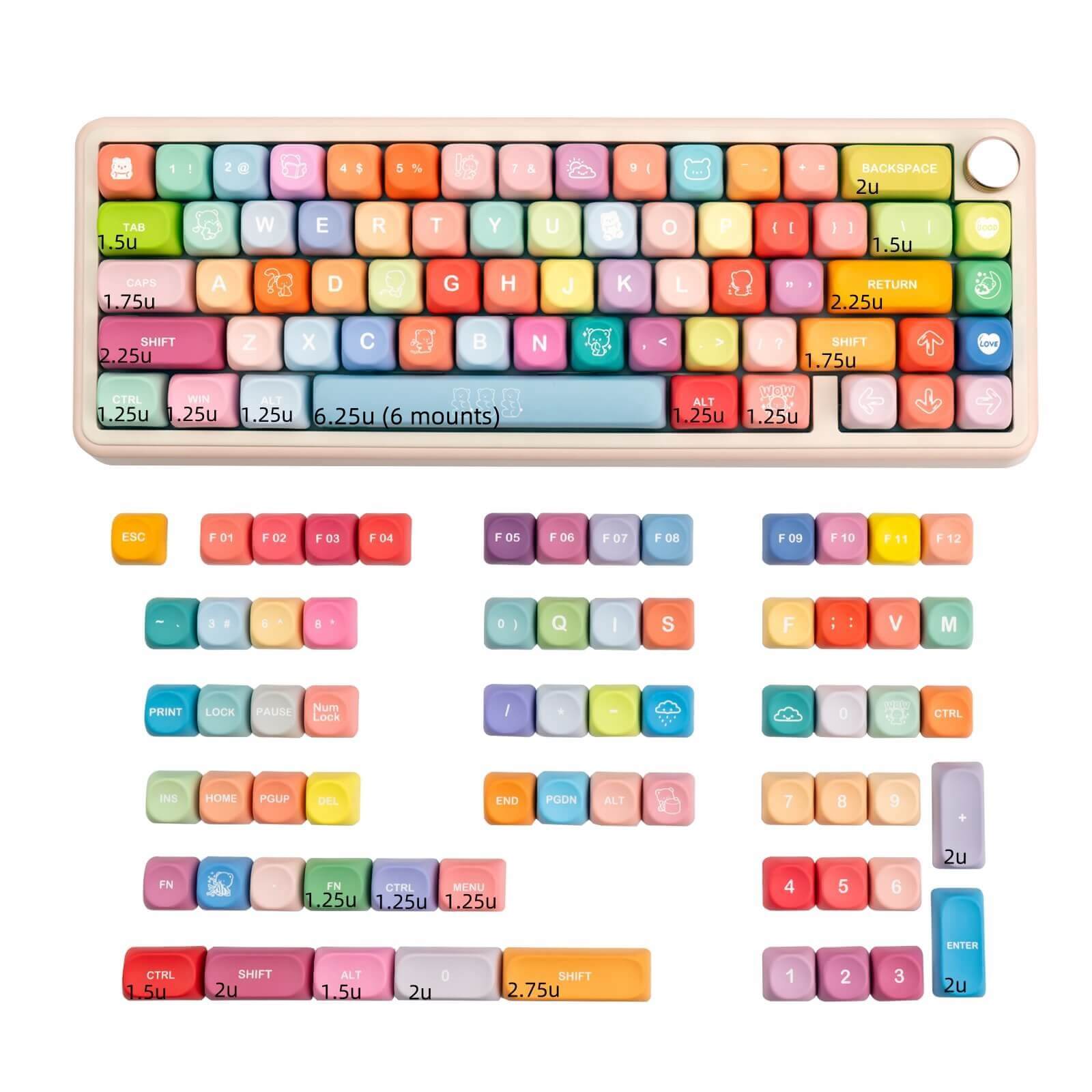 Juego de teclas MOA Rainbow Candy de KeycapGuru: PBT, 133 teclas